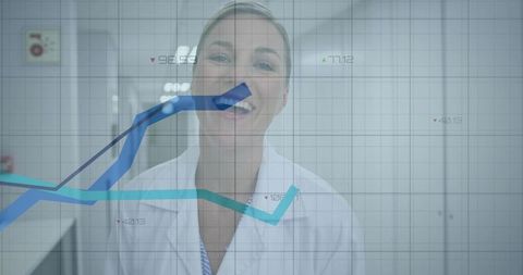 Smiling female doctor in lab coat with data visualization overlay and rising trend lines