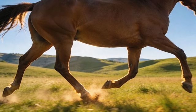 Galloping brown horse kicking dust across sunlit meadow during golden hour pasture run