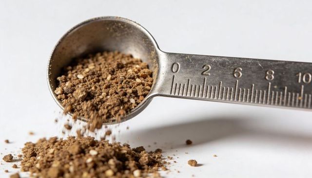 Tipping stainless measuring spoon pouring potting soil with perlite, calibrated markings close-up