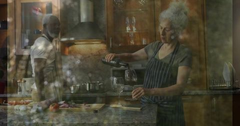 Mature Woman Preparing with Wine in Cozy Home Kitchen Setting