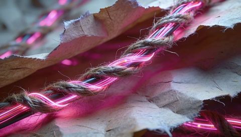 Neon-pink illuminated cable wrapping with natural twine on torn paper macro texture
