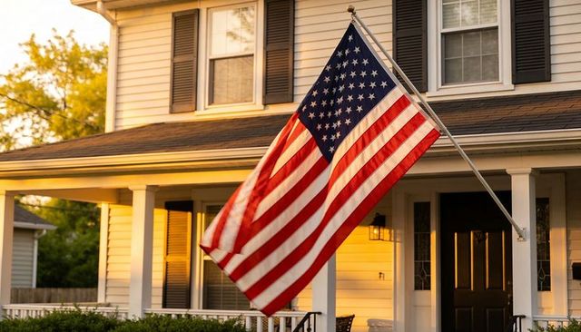 American flag waving on porch column at golden hour outside two-story suburban home patriotic feel