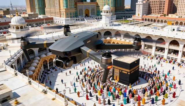 Drone capturing pilgrims circumambulating kaaba at masjid al-haram aerial view