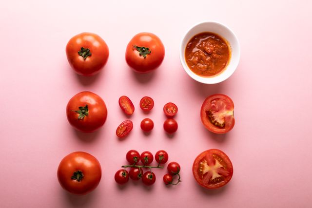 Overhead view of various fresh tomatoes and a bowl of tomato puree arranged on a pink background. Ideal for use in culinary blogs, healthy eating promotions, organic food advertisements, and vegan or vegetarian recipe illustrations.