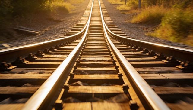 Railroad tracks leading toward horizon at golden hour, curving rails bathing in warm light