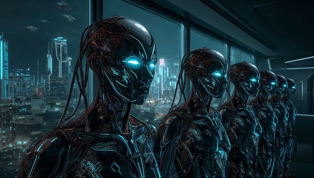 Futuristic cyborgs in neon-lit cityscape with advanced technology