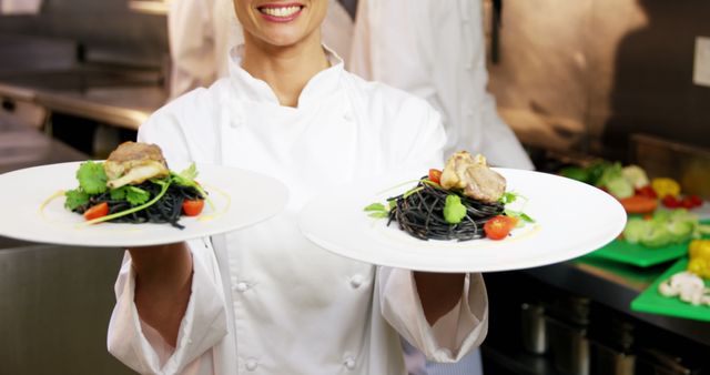 Chef presenting two gourmet seafood pasta dishes with squid ink noodles, garnished with cherry tomatoes and green herbs. Perfect for depicting culinary expertise, restaurant promotions, fine dining experiences, and professional cooking.