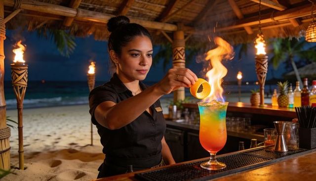 Bartender garnishing flaming rainbow hurricane cocktail at tiki beach bar night atmosphere