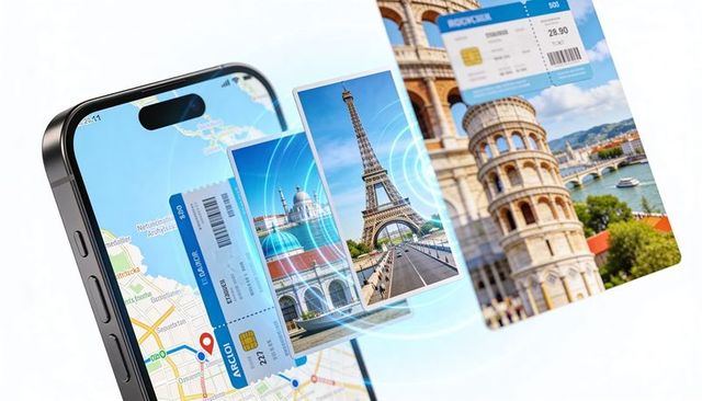 Smartphone projecting ar travel cards and interactive map with boarding pass and landmarks