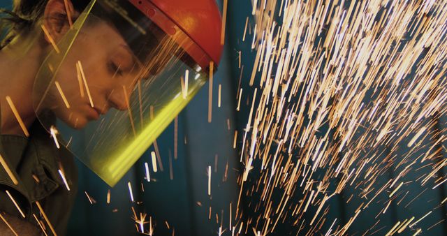 Woman welder grinding metal, wearing safety gear including helmet and face shield. Sparks flying around as she works, with a background indicating an industrial setting. Useful for themes related to skilled labor, safety practices, gender equality in technical fields, industrial work environments, engineering, and metalworking.