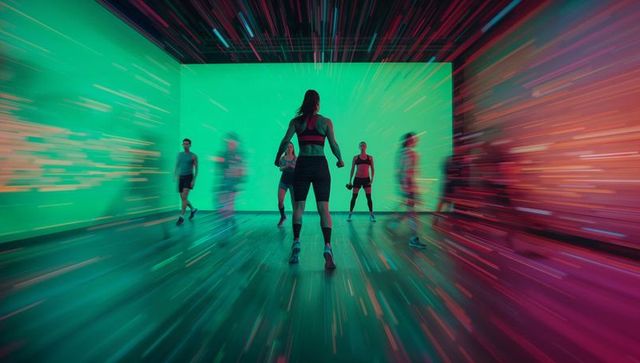 Dynamic fitness class with modern led wall and energetic vibe