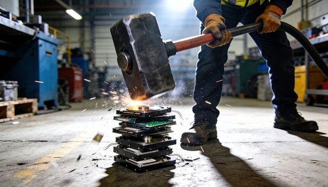 Industrial worker smashing stacked hard drives with sledgehammer, sparks flying, secure data erasure