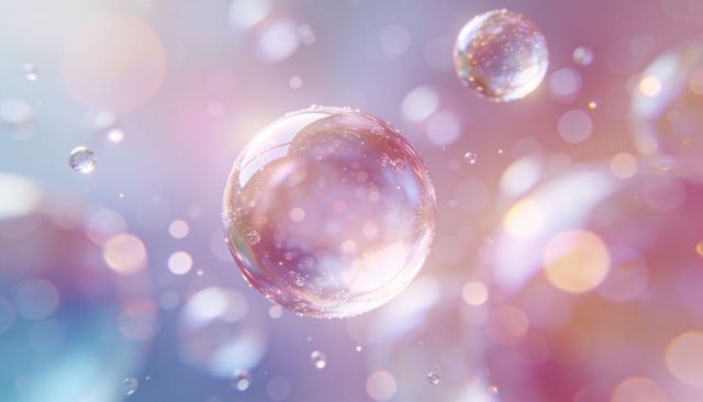 Floating iridescent soap bubble with dreamy pastel bokeh and shimmering light reflections