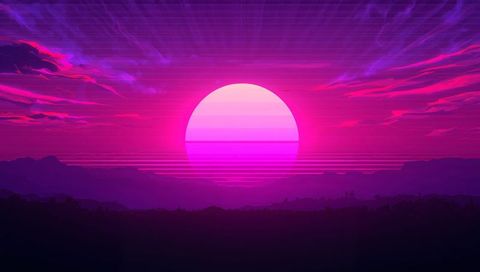 Neon Synthwave Sunset Over Layered Mountain Ridges With Glowing Banded Sun and Scanlines