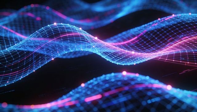 Neon mesh waveform network with glowing nodes and futuristic digital grid motion