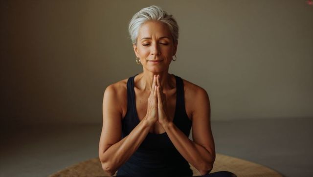 Silver-haired woman meditating in studio, holding prayer hands, calm mindfulness moment