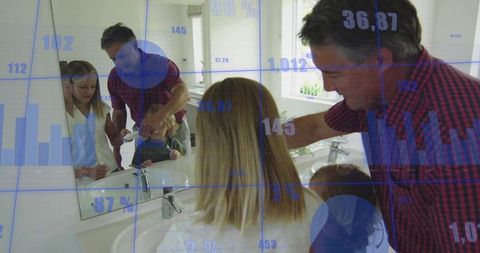Dad helping children brush teeth at bathroom sink with blue data hud overlay