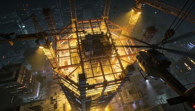 Nighttime skyscraper core under construction glowing beneath cranes and helicopter searchlight