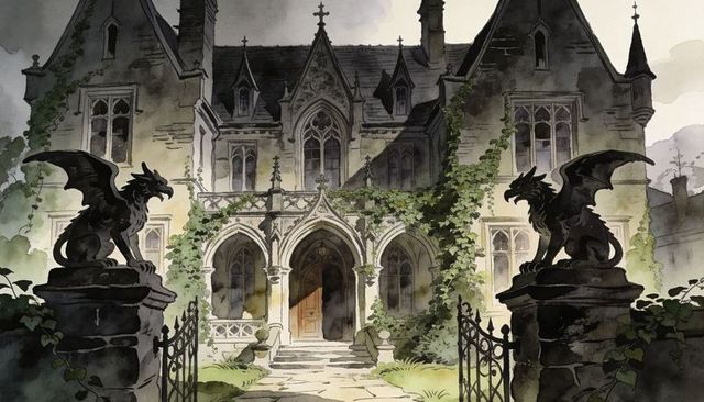 Gothic manor with gargoyles guarding arched portico, ivy-covered forecourt
