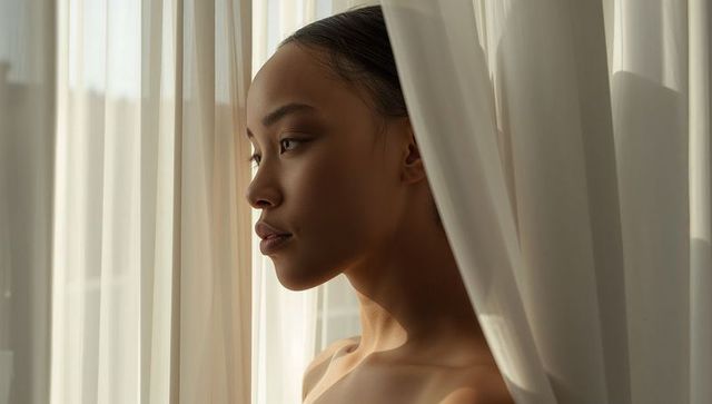 Serene asian woman standing between sheer curtains bathed in soft natural light