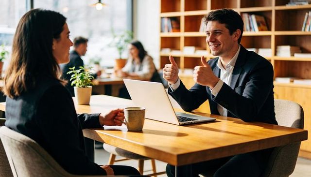 Smiling Businessman Giving Thumbs Up During Casual Meeting in Bright Café Workspace