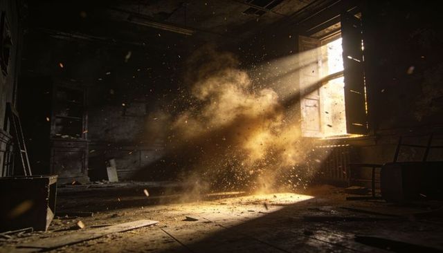 Sunlit dust cloud swirling in derelict room with sunbeams and rubble
