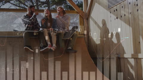 Diverse Friends Relaxing at Skatepark with Data Overlay