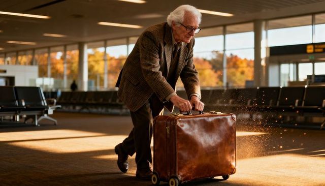 Senior traveler pushing leather suitcase through sunlit airport gate with autumn light