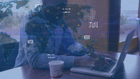 Global Datamap Overlay With Business Professional Using Laptop