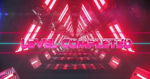 Neon-lit Level Completed in Futuristic Tunnel Near Geometric Shapes