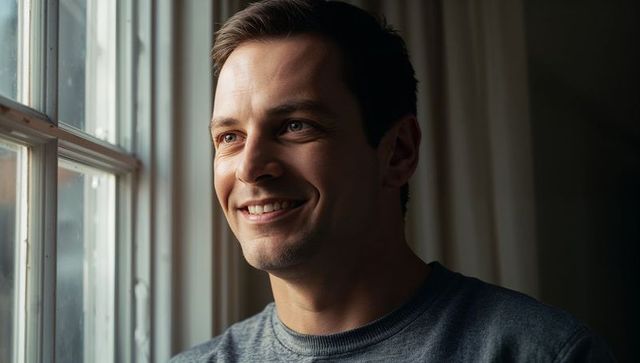 Smiling young adult man gazing out window, soft daylight, contemplative lifestyle portrait