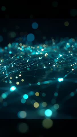 Shifting teal and gold network mesh flowing across dark plane pulsing nodes vertical video
