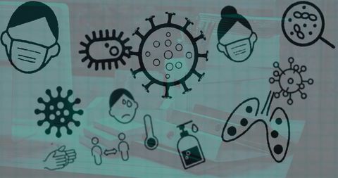 Coronavirus icons floating over empty office background