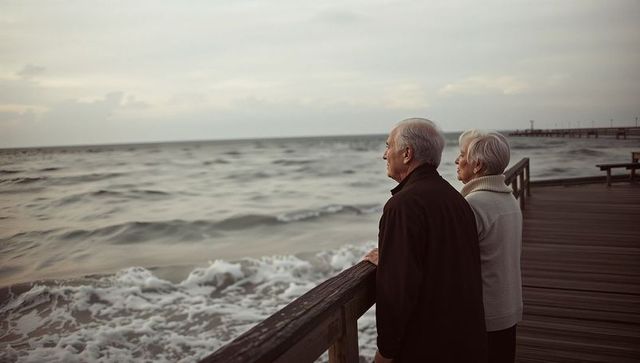 Senior couple gazing at ocean from wooden pier, leaning on railing, contemplative seaside