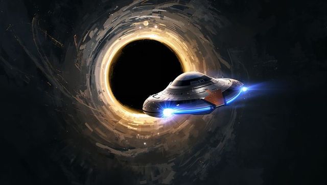 Futuristic spaceship approaching mysterious black hole