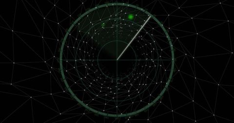 Futuristic Circular Radar HUD Scanning Neon Sweep with Pulsing Blip and Wireframe Mesh