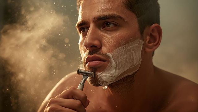 Closeup shirtless man shaving with metal safety razor, thick lather and steam droplets