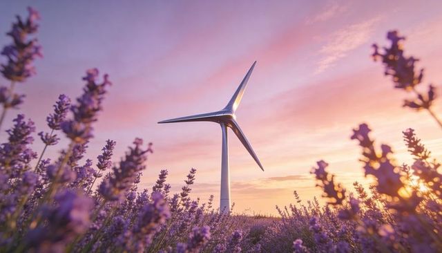 Lavender field with glowing wind turbine at golden hour, sunset sky, renewable energy