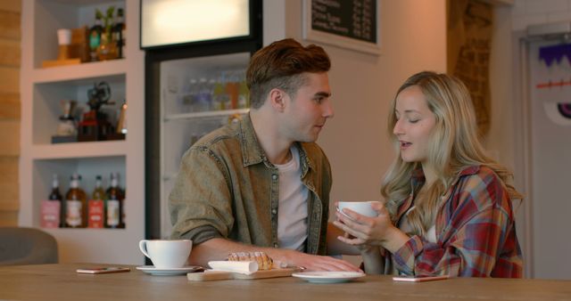 Young couple interacting with each other in cafe. Couple having coffee in cafe 4k