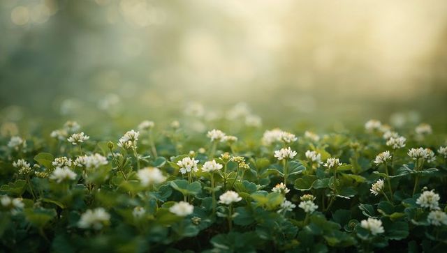 Sunlit white clover meadow blanketing ground with soft bokeh, morning glow and delicate blooms