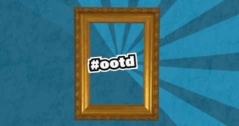 Stylish #ootd hashtag overlay on golden frame and creative blue background