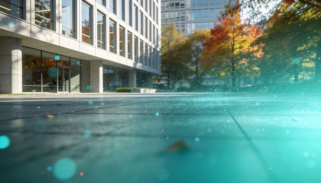 Low-angle teal bokeh on paved urban plaza at modern office courtyard with autumn leaves