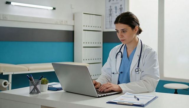 Female physician typing electronic medical records on laptop in modern clinic