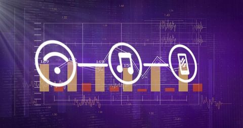 Analyzing Audio Trends with Connected Disc, Note and Smartphone Icons on Neon Charts