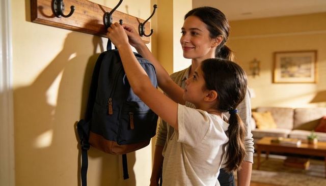 Mother guiding daughter hanging navy backpack on wooden coat rack in cozy entryway