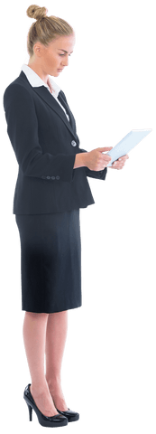 Blonde Businesswoman Strategizing with Modern Tablet in Transparent Background