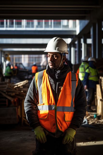 African american construction worker in hard hat in factory, created using generative ai technology. Worker, labor, factory and industry concept digitally generated image.