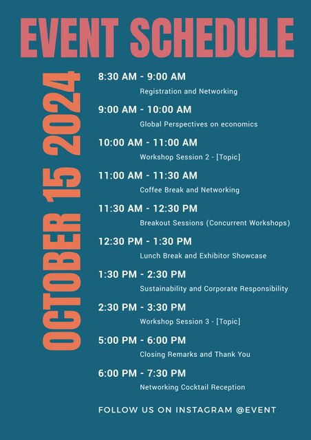 Event schedule text and date in orange with details of economics seminar schedule on blue background. Corporate economics and business seminar event information poster, digitally generated image.