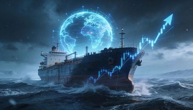 Global shipping growth concept with tanker in stormy seas and rising digital chart