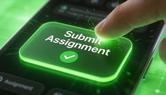 Finger pressing neon submit assignment button on smartphone screen with green checkmark